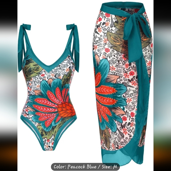 Peacock Blue Flower One Piece Swimsuit - Picture 1 of 5